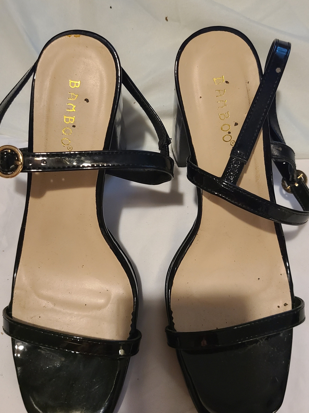 BAMBOO Black Patent Open-Toe Strappy Sling Heels